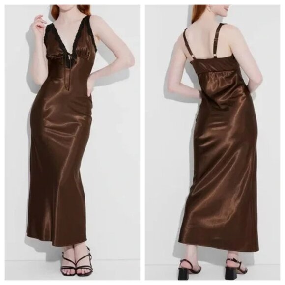 NEW Wild Fable Lace Trim Satin Maxi Slip Dress - Brown - Size XS - Picture 1 of 9